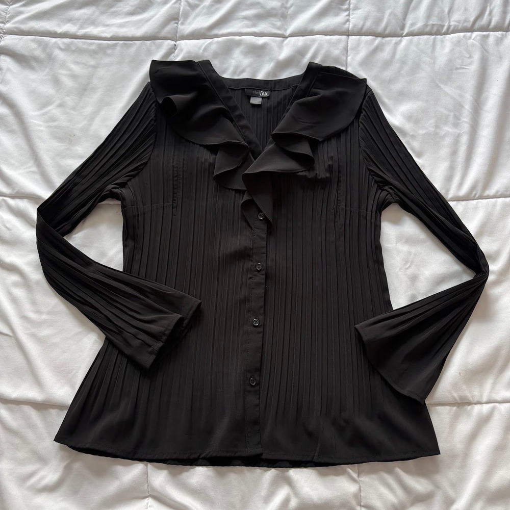 Vintage East 5th Black Pleated Ruffle Bell Sleeve Blouse Officechic Goth Grunge